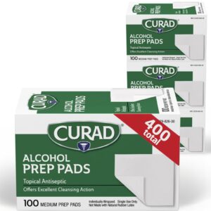 curad alcohol prep pads (pack of 4 boxes) | 400 pieces of medium isopropyl wipes individually wrapped | first aid swabs for cuts & scrapes | medical pads for general cleansing