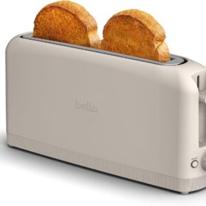bella 2 slice slim toaster, fits anywhere™ kitchenware, 6 setting shade control with reheat & cancel buttons, fits sourdough, 10” long slot, anti jam & auto shutoff, 900 watt, oatmilk