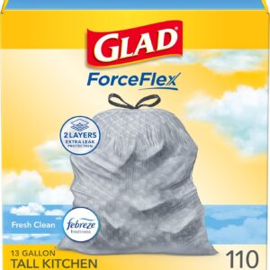 glad tall kitchen drawstring trash bags odorshield 13 gallon white trash bag, febreze fresh clean, 110 count