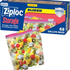 ziploc gallon food storage slider bags, power shield technology for more durability, 68 count