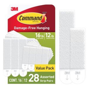 command 15 lb & 10 lb large and medium 28 pairs picture hanging strips (56 strips), damage free hangers for picture frames, no tools required, great for home room wall decor, white adhesive