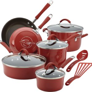 rachael ray cucina nonstick cookware pots and pans set, 12 piece, cranberry red