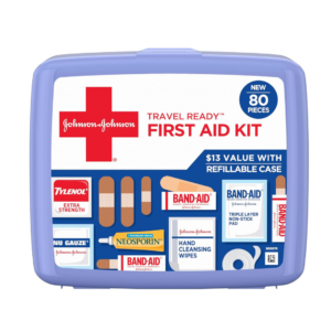 band aid brand travel ready portable emergency first aid kit for minor wound care, perfect for home, car, travel, camping essentials & outdoor emergency kit, 80 pieces